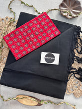 Black Handloom Cotton Saree With Red Print Blouse